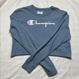 Champion Grey Crewneck Cropped Sweatshirt with Blue Logo Tag